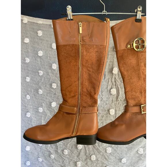 Iman Tall Riding Boots 6.5W (Fit 7–7.5) Brown Faux Leather Gold Buckle - Picture 7 of 9